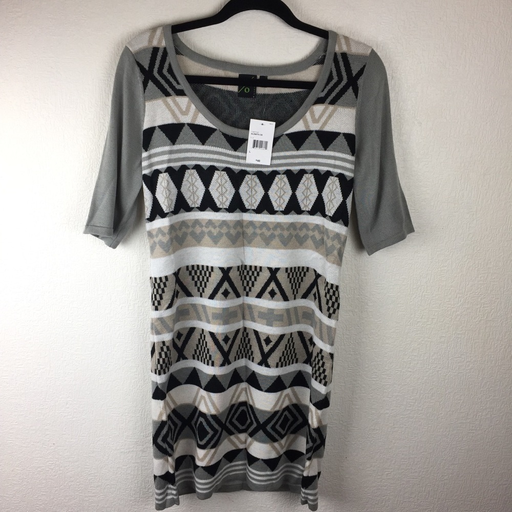 NWT T/O sweater dress gray black tan white Large